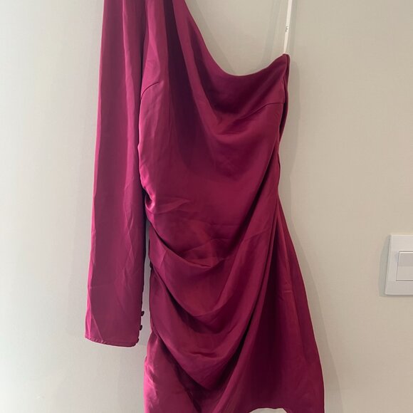 Lulus Magenta Happy Hour Satin Ruched One-Shoulder Mini Dress Women’s Size M - Picture 9 of 11
